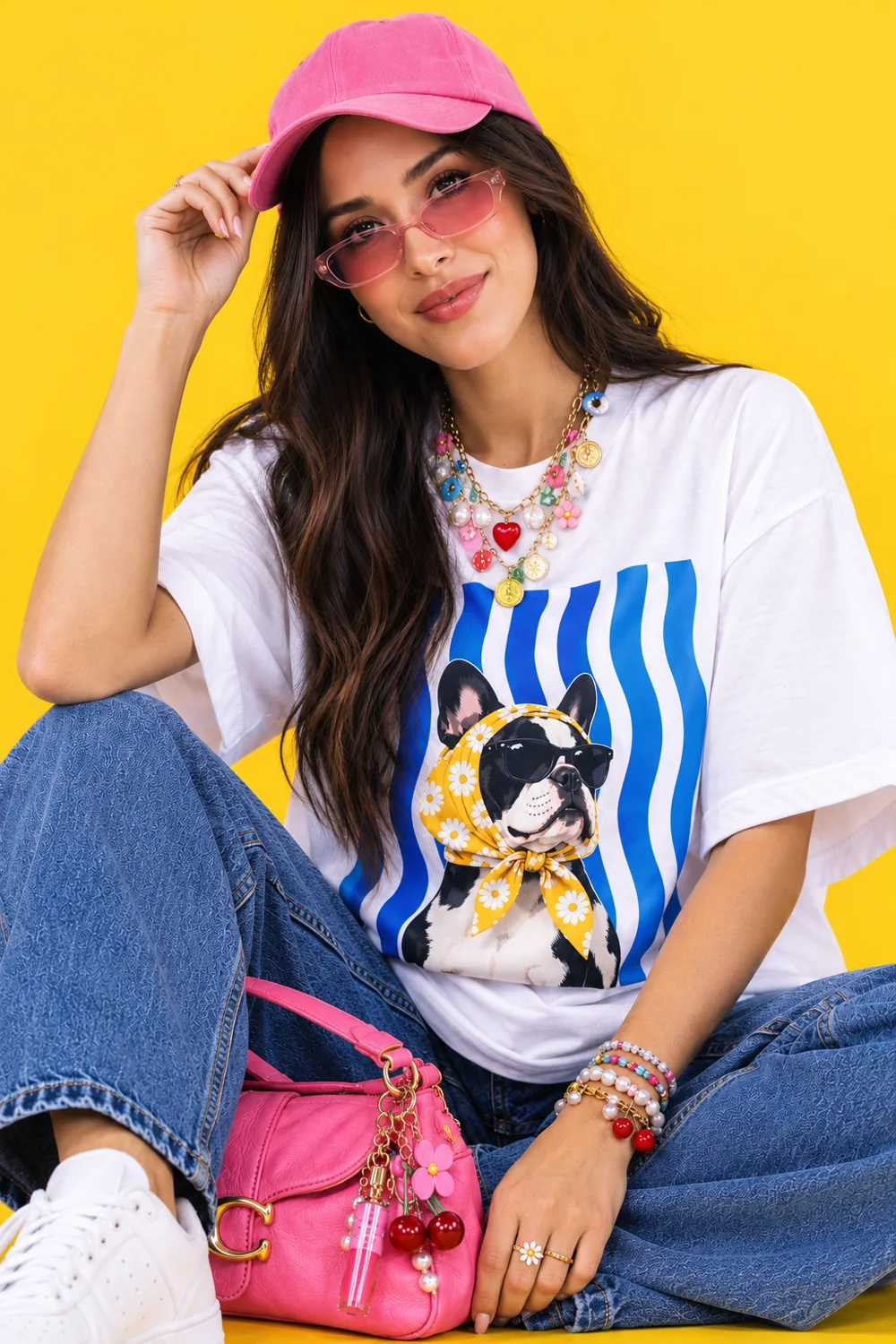 Modelo UNACHEMI con camiseta blanca estampada, gorra rosa y fondo amarillo