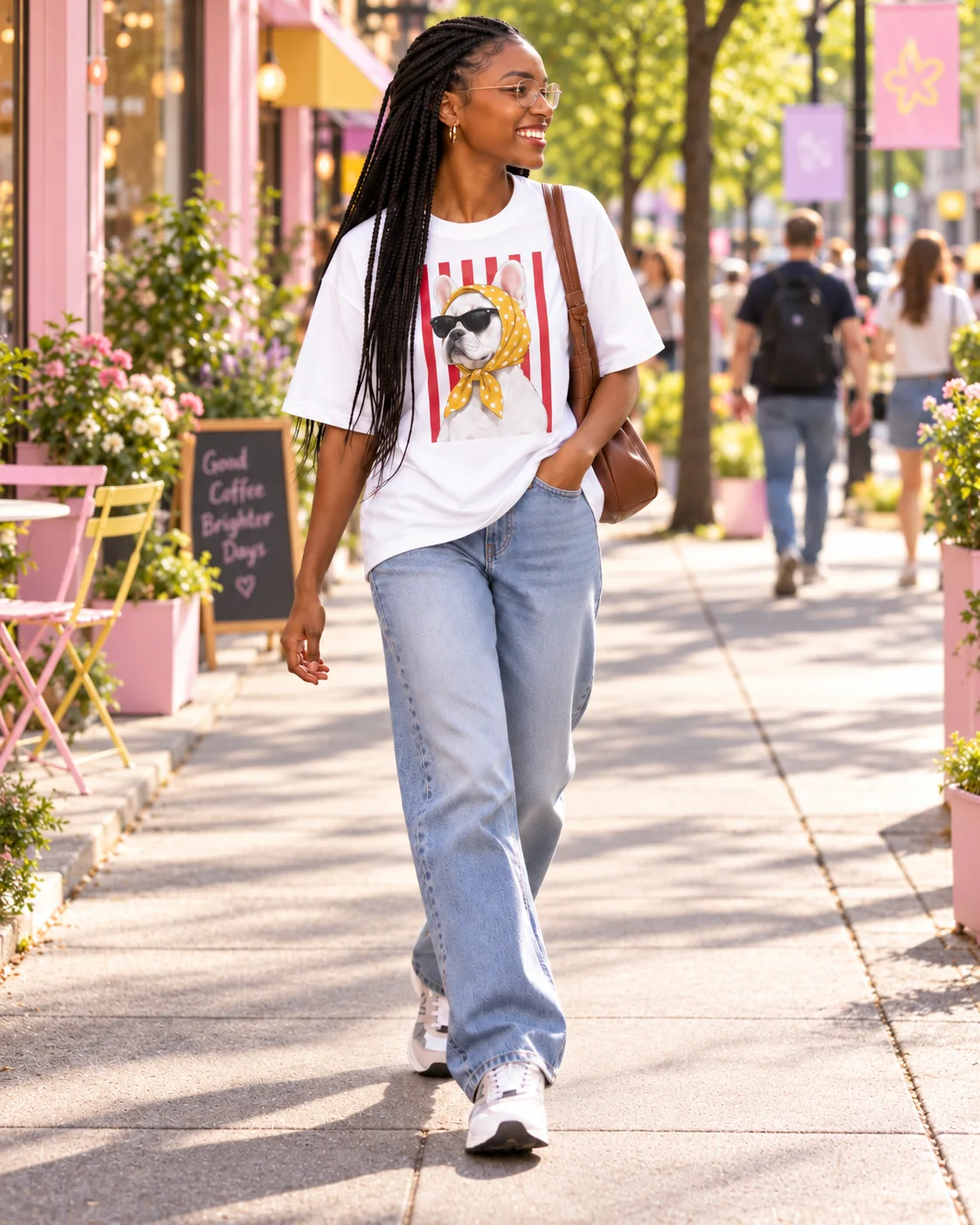 Modelo caminando con camiseta oversized estampada
